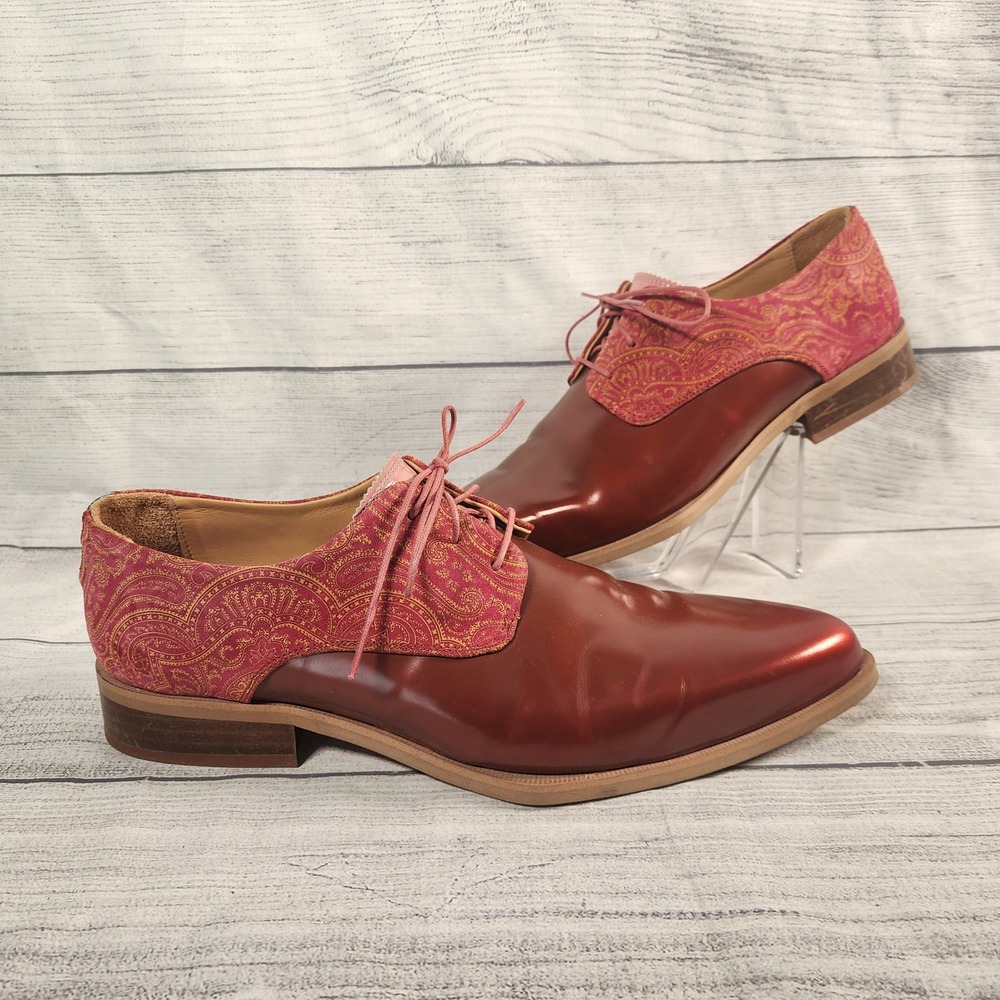 John Fluevog Mens 12 Ace Face Simple Derby Lace-Up Orange/Paisley